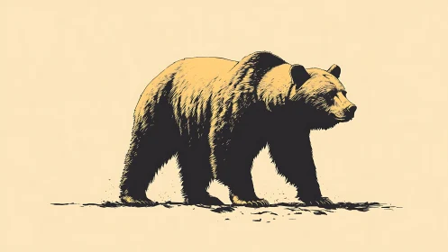 Gentle golden bear strolling across a quiet open plain.