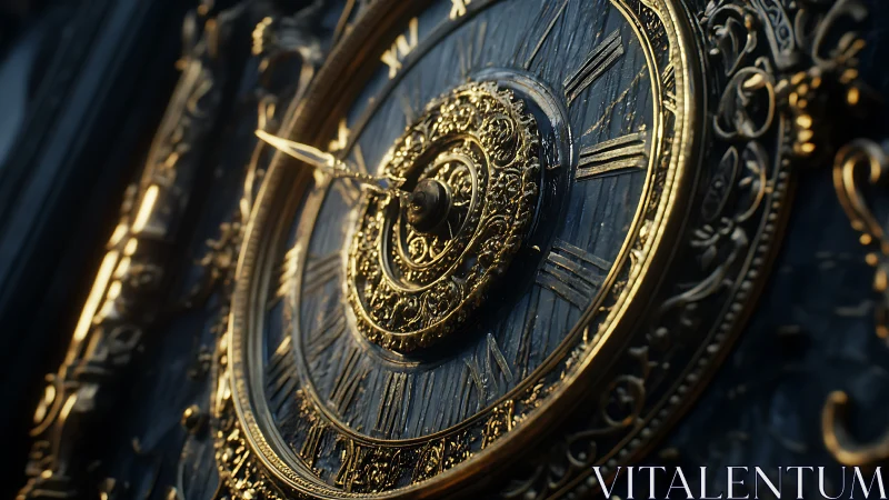 Ornate gold and dark metal circular clock face close-up.