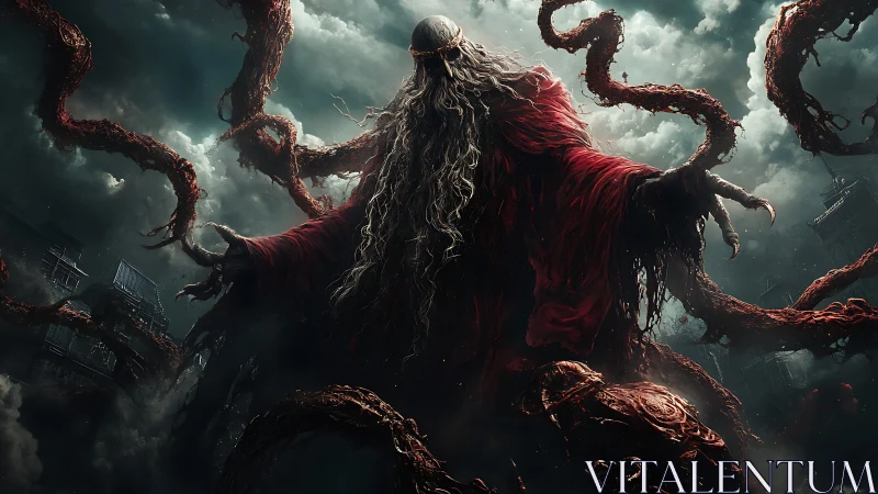 Eldritch robed giant with writhing tentacles in stormy sky