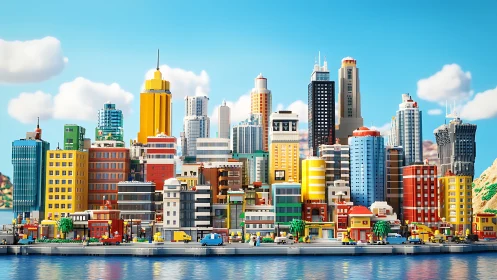 Colorful Lego city skyline rises above reflective waterfront