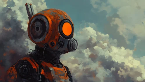 Orange armored robot figure against cloudy sky background.