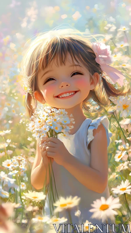 Sunlit daisy dreamer cradling armfuls of meadow laughter.