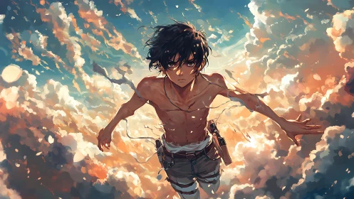 Shirtless anime youth ascends through painterly sunset clouds