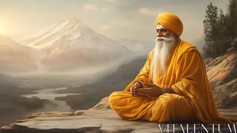 Saffron sage meditates above river valleys and whispering peaks.