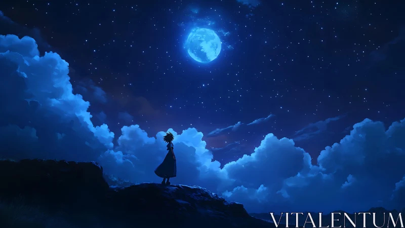 Silhouetted figure stands beneath full moon and dense starfield