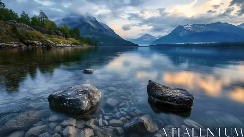Gentle mountain lake rests beneath soft evening clouds