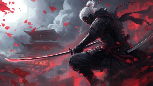 Stormlit samurai warrior steadies a glowing katana strike