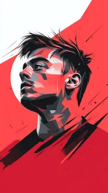 Angular vector portrait renders dynamic male profile in red