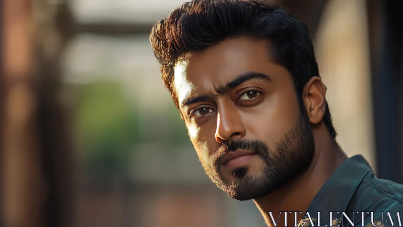 Close-up male portrait with shallow depth of field outdoors.
