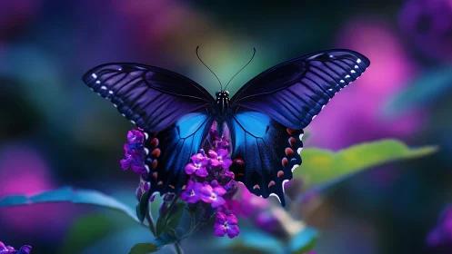 Glimmering blue butterfly rests gently on glowing purple blooms