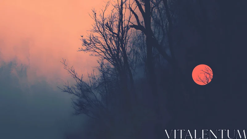 Bare tree silhouettes against dusky sky and red sun.