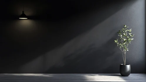 Minimalist black interior wall contrasts pendant light and plant