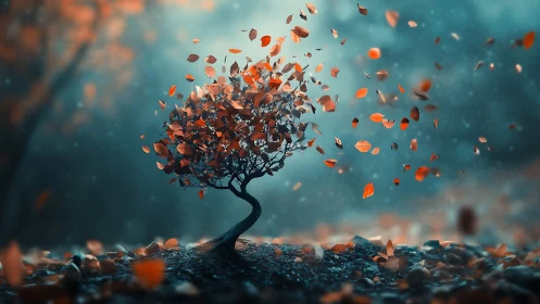 Whirlwind of autumn leaves around a lone dreamlike tree.