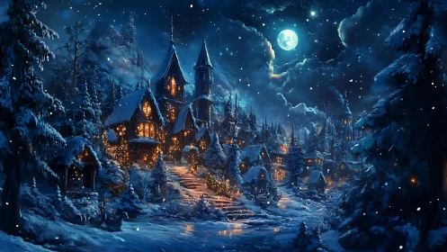 Fantasy winter village under luminous moonlit snowfall at night.