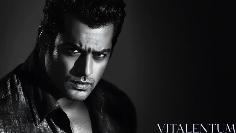 High contrast monochrome male portrait with dramatic key lighting.