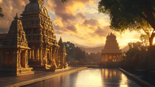 Sunlit temple reflections bathe sacred stone in molten gold.