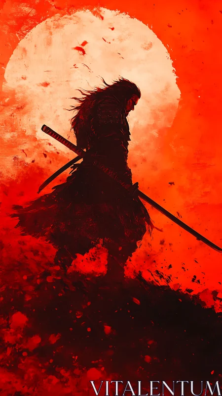 Blood-red samurai silhouette beneath a burning war sun.