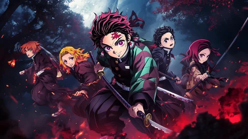 Dynamic sword-wielding anime team advances through ember-lit forest