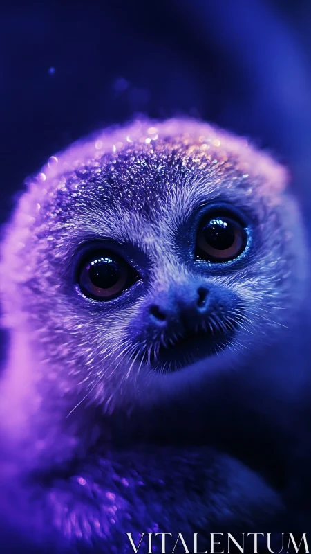 Close frontal portrait of small primate under neon lighting