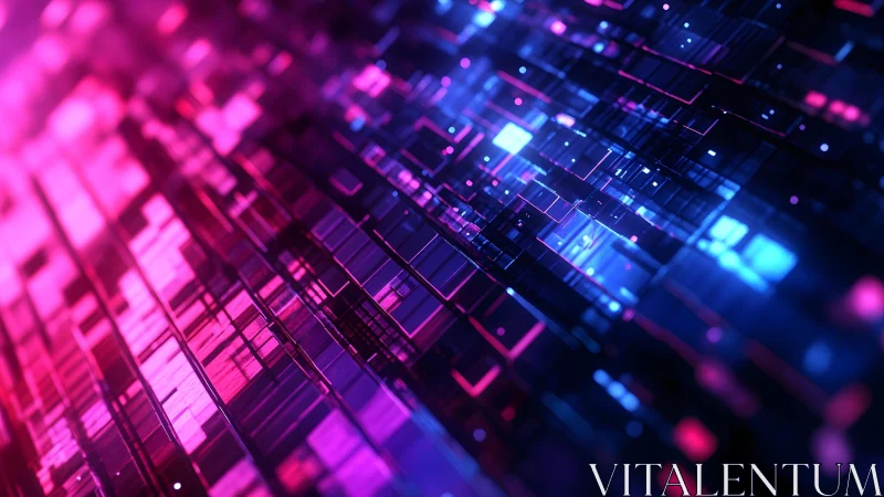 Futuristic digital grid with neon pink and blue lights, abstract style.