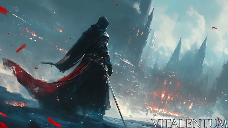 Hooded swordsman observes burning gothic city skyline