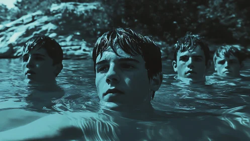 Four teenage boys stand neck-deep in calm outdoor water