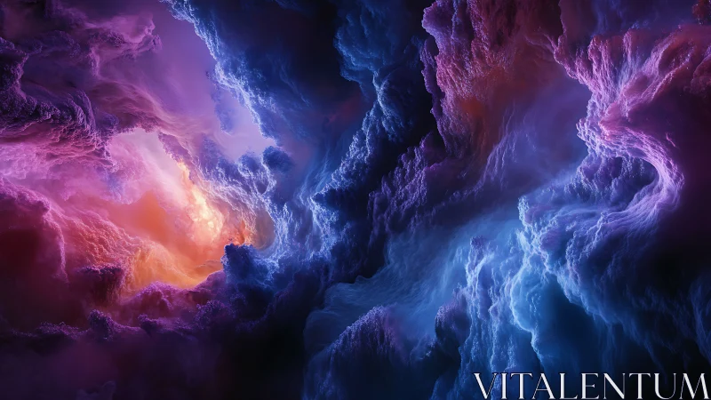 Cosmic nebula clouds swirl through luminous violet and blue void