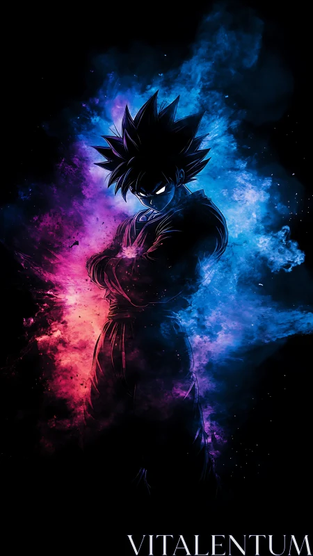 Silhouetted warrior stands within split neon cosmic aura