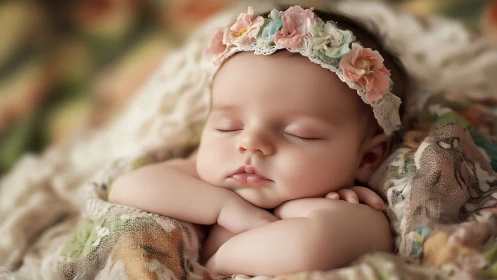 Sleeping Newborn with Floral Crown and Lace.