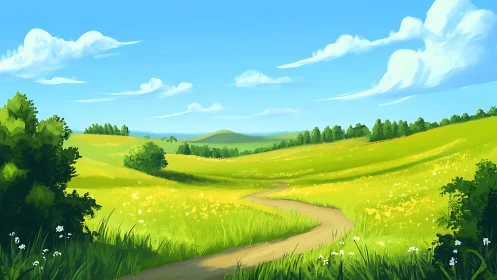 Sunlit country meadow curves toward distant green hills