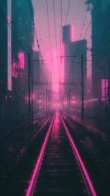 Neon rails dissolve into foggy electric midnight horizon.