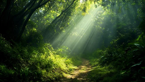 Enchanted Forest Cathedral: Sunlight Through Verdant Canopy.