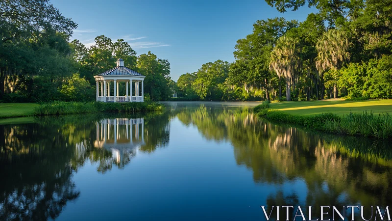 Lakeside white gazebo mirrored in calm blue reflective water.