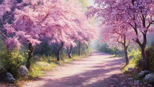 Blossom-laden woodland path drifting into pastel daylight.