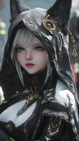 Silver haired fox mage in obsidian ceremonial armor gazes on.