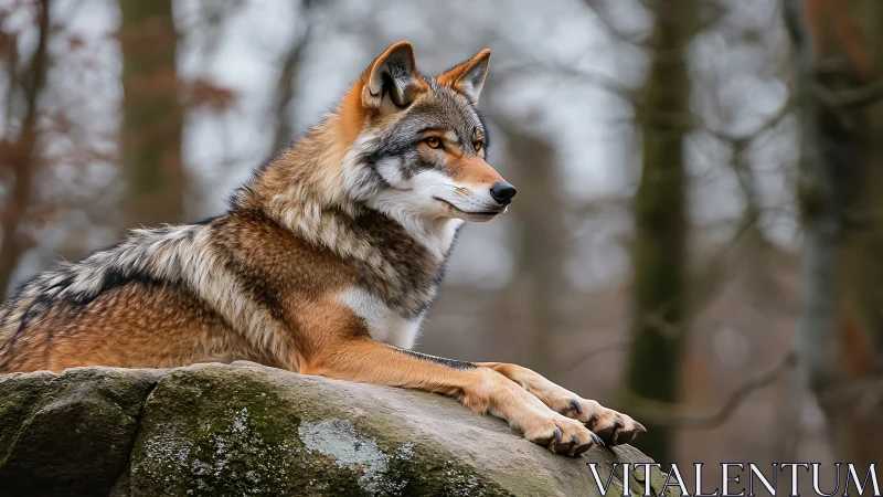 Resting wolf on forest rock captured in sharp telephoto detail