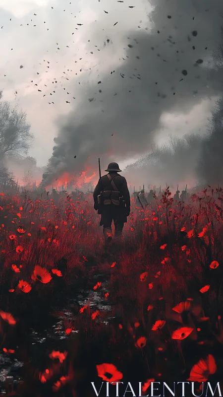 Lone soldier walks through red poppy field toward burning front