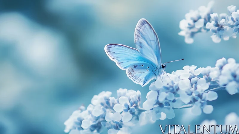 Blue butterfly rests on pale blossoms in cool soft light