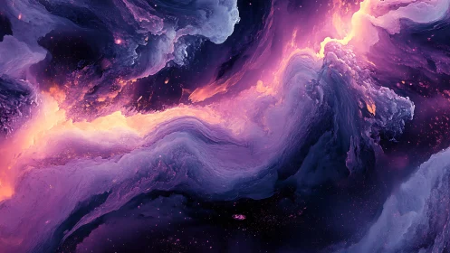 Vivid cosmic nebula with swirling purple and orange clouds.