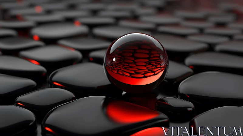 Glossy Black Stones and Red Sphere in Futuristic Abstract Style.