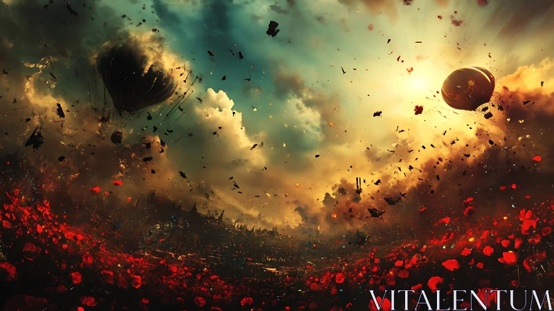 Digital painting of war-torn poppy field with burning sky panorama.