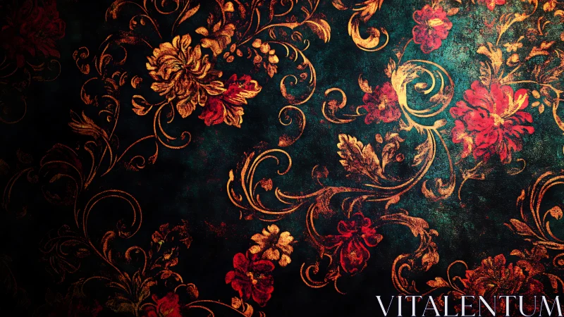 Rich baroque floral pattern glows against dark teal backdrop