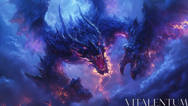 Stormlit three headed dragon swirling through glowing clouds.