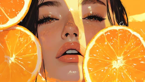 Hyperreal digital portrait of woman framed by orange slices