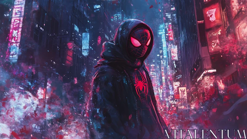 Masked figure stands in neon lit cityscape with dense atmosphere