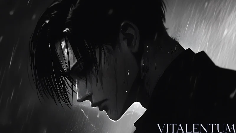 Monochrome side profile of a male figure under falling rain