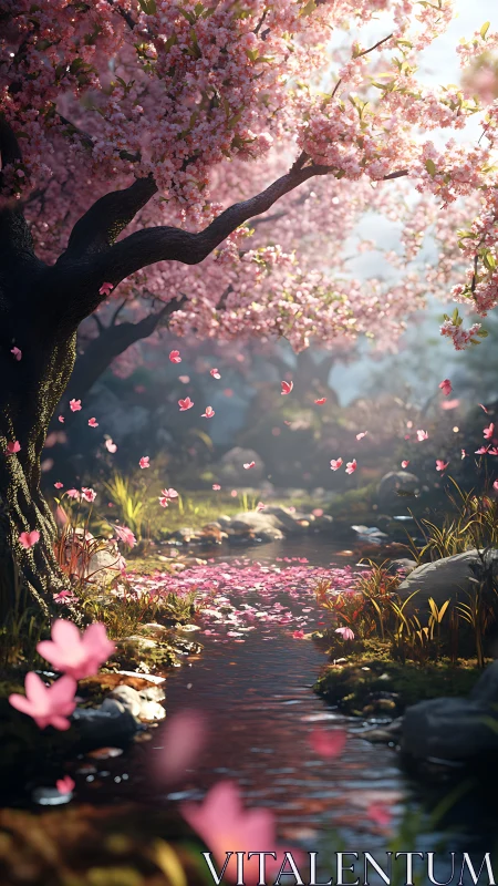Cherry blossom ravine with shallow creek and volumetric backlight