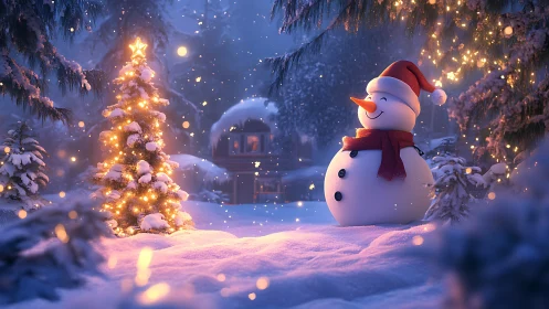 Snowman beside lit Christmas tree in snowy forest scene.