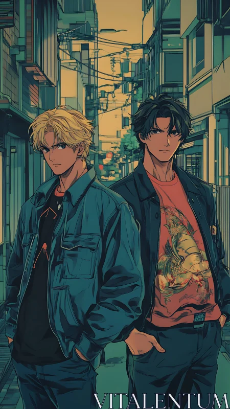 Two young men in jackets standing in a narrow city alley.
