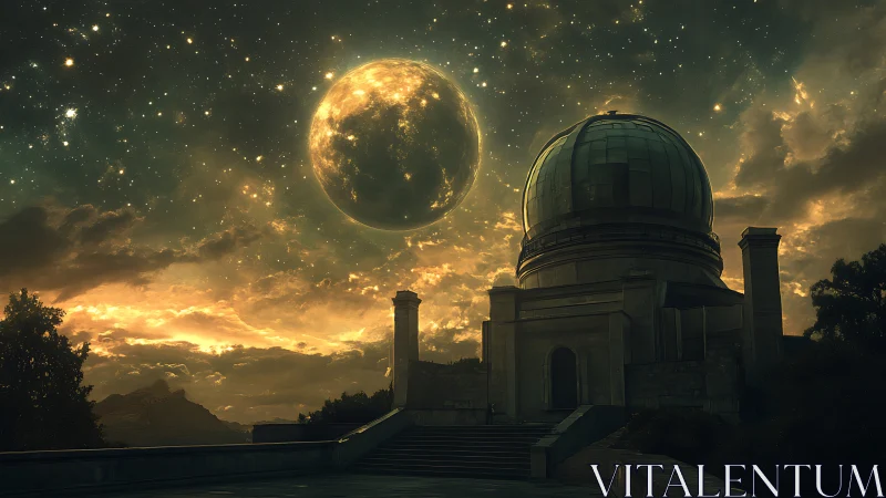 Observatory under colossal golden planet and starfield sky